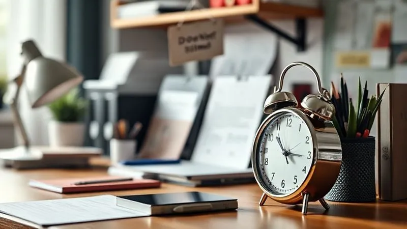 A photorealistic image of a freelancer's desk, neatly organized, with a clock showing early morning hours, but the freelancer is absent, implying work-life balance. A 'Do Not Disturb' sign hangs subtly. Cinematic lighting, sharp focus on the organized desk, depth of field blurring the background. 8K hyper-detailed.