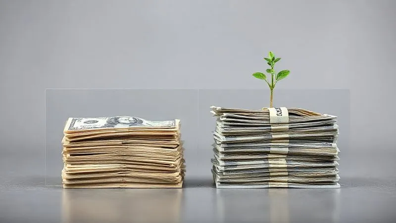 A photorealistic image of two distinct piles of money, one labeled 'Pessoal' and the other 'Profissional', separated by a clear glass barrier. The 'Profissional' pile is slightly larger and has a small, growing plant on top, symbolizing growth and investment. Cinematic lighting, sharp focus, depth of field. 8K hyper-detailed.