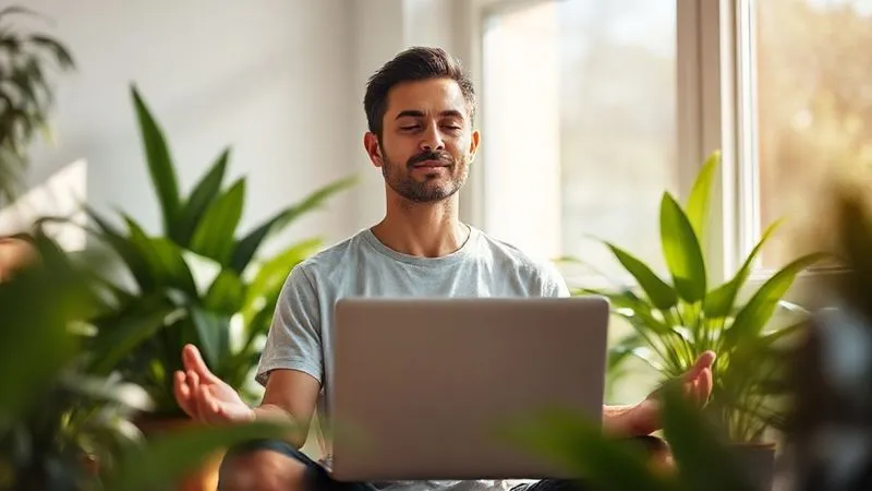 A photorealistic image of a freelancer meditating calmly in a sunlit room, laptop closed beside them. A serene expression, surrounded by lush green plants. Cinematic lighting, sharp focus on the person, depth of field blurring the background. 8K hyper-detailed.