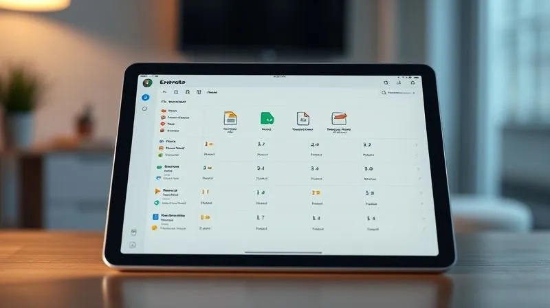 A photorealistic image of a minimalist digital dashboard on a tablet, displaying a clean, hierarchical structure of folders and files, representing Evernote's notebooks and stacks. The interface is intuitive and color-coded for different projects. Cinematic lighting, sharp focus on the screen, depth of field blurring the background slightly. 8K hyper-detailed, professional photography, shot on a high-end DSLR.