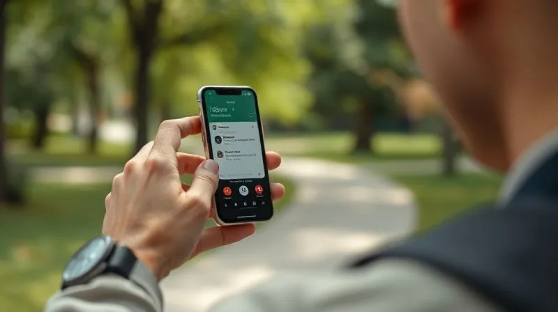 A photorealistic image of a freelancer quickly capturing an idea on their smartphone using the Evernote app, while on a walk in a park. The phone screen clearly shows the Evernote interface for a voice note. The background is a slightly blurred, vibrant park scene. Cinematic lighting, sharp focus on the phone and hands, depth of field. 8K hyper-detailed, professional photography, shot on a high-end DSLR.