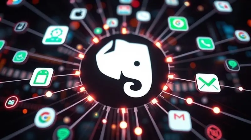 A photorealistic image of a complex digital ecosystem, with the Evernote logo at the center, surrounded by other app icons like Slack, Google Calendar, and Gmail, all connected by glowing lines representing data flow and automation. The scene is futuristic and efficient, with a subtle sense of order. Cinematic lighting, sharp focus on the central Evernote logo, depth of field. 8K hyper-detailed, professional photography, shot on a high-end DSLR.