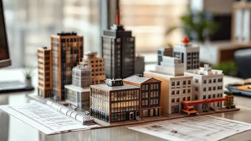 A photorealistic image of a diverse portfolio of miniature buildings and documents, representing different types of real estate funds (offices, shopping malls, logistics warehouses, and debt certificates), neatly arranged on a modern desk. Cinematic lighting, sharp focus, depth of field, 8K hyper-detailed, professional photography.