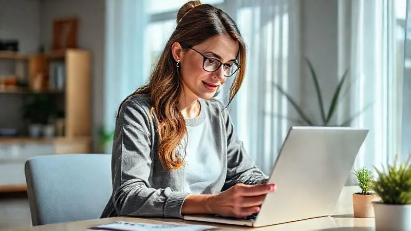 A photorealistic image of a woman (Maria, 30s-40s) with a laptop, looking confidently at a tablet displaying a growing financial graph. She is in a bright, modern home office, surrounded by subtle hints of design work. A small potted plant adds a touch of life. Cinematic lighting, sharp focus, depth of field, 8K hyper-detailed, professional photography.