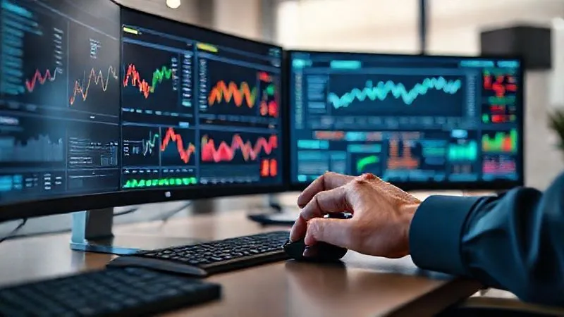 A photorealistic image of a sleek desk setup with multiple monitors displaying financial dashboards, charts, and FII analysis tools. A hand is interacting with a mouse, symbolizing active management. The atmosphere is professional and organized, with soft, ambient lighting. Sharp focus on the screens, depth of field, 8K hyper-detailed, professional photography.