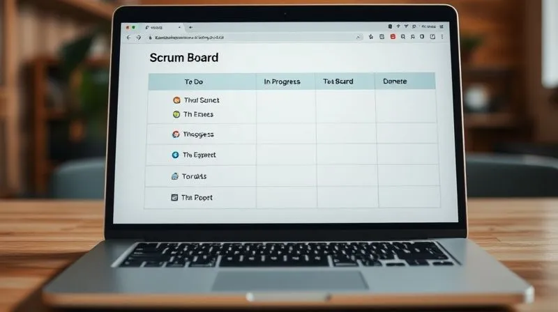 A photorealistic, professional photography of a clean digital Scrum board on a laptop screen, showing tasks categorized as 'To Do', 'In Progress', and 'Done'. The screen is bright, with cinematic lighting, sharp focus on the board, depth of field blurring the background, 8K hyper-detailed, shot on a high-end DSLR.