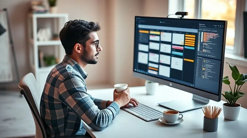 A photorealistic, professional photography of a freelancer sitting at a clean desk, looking thoughtfully at a digital Scrum board on a large monitor, with a cup of coffee. The lighting is soft and focused on the freelancer, conveying concentration and productivity. Depth of field blurs the background slightly, 8K hyper-detailed, shot on a high-end DSLR.