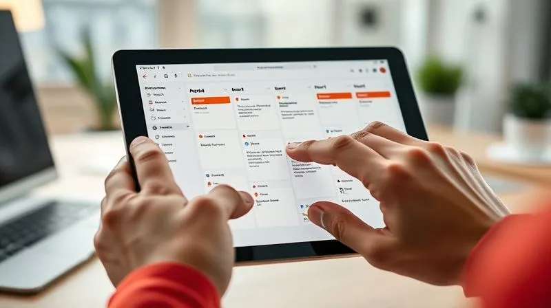 A photorealistic, professional photography of a freelancer's hand interacting with a tablet displaying a project management tool like Trello or Asana, with a clear Scrum board interface. The setting is a bright, modern home office. Cinematic lighting, sharp focus on the tablet and hand, depth of field blurring the background, 8K hyper-detailed, shot on a high-end DSLR.