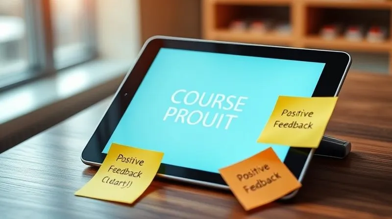 A photorealistic image of a vibrant, well-designed digital product interface (e.g., a course platform or e-book cover) on a tablet, surrounded by positive feedback sticky notes. Cinematic lighting, sharp focus on the product, depth of field blurring the background, 8K hyper-detailed, professional photography, shot on a high-end DSLR.