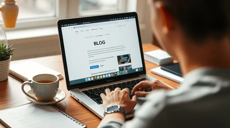 A photorealistic image of a person at a desk, deeply focused on a laptop screen displaying a blog post with SEO keywords highlighted, surrounded by notebooks and coffee. The scene is bathed in soft, natural light, symbolizing clarity and insight. Sharp focus on the screen, depth of field blurring the background, 8K hyper-detailed, professional photography, shot on a high-end DSLR.