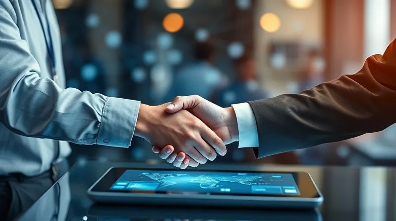 A photorealistic image of two diverse professionals (e.g., a graphic designer and a writer) shaking hands over a digital tablet displaying collaborative work, with a subtle background of interconnected digital networks. Cinematic lighting, sharp focus on the handshake and tablet, depth of field blurring the background, 8K hyper-detailed, professional photography, shot on a high-end DSLR.