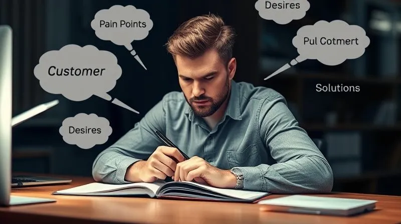 A photorealistic image of a person sitting at a desk, deeply focused, holding a pen and notebook, surrounded by thought bubbles representing customer pain points, desires, and solutions. Cinematic lighting, sharp focus on the thoughtful expression, depth of field blurring the background. Professional photography, 8K hyper-detailed.