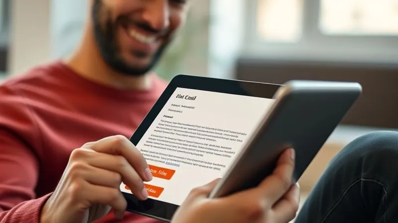 A photorealistic image of a person reading an email on a tablet, with a smile of understanding. The email content is clearly structured, with bullet points and a prominent call to action button. Cinematic lighting, sharp focus on the tablet screen, depth of field blurring the background. Professional photography, 8K hyper-detailed.