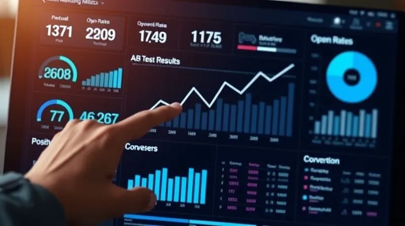 A photorealistic image of a digital dashboard displaying various email marketing metrics like open rates, click-through rates, and conversion rates, with a prominent 'A/B Test Results' section showing positive trends. A hand points to an upward-trending graph. Cinematic lighting, sharp focus on the screen, depth of field blurring the background. Professional photography, 8K hyper-detailed.