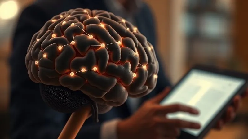 A photorealistic close-up of a human brain with subtle glowing pathways illustrating the connections of decision-making and emotional response, set against a blurred background of a person reading on a tablet. Cinematic lighting, sharp focus, 8K hyper-detailed, professional photography, shot on a high-end DSLR.