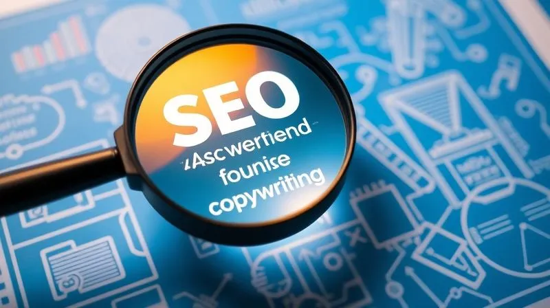 A photorealistic image of a magnifying glass hovering over a vibrant, stylized blueprint of a website, with keywords and conversion funnels highlighted, representing the intersection of SEO and copywriting. Cinematic lighting, sharp focus, 8K hyper-detailed, professional photography, shot on a high-end DSLR.