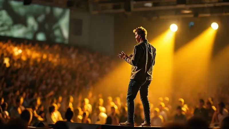Photorealistic image of a single, brightly lit, confident freelancer standing prominently on a stage, engaging with an audience, while in the background, a blurred, indistinguishable crowd of other freelancers blends together, symbolizing differentiation. Cinematic lighting, sharp focus on the main freelancer, depth of field blurring the background, 8K hyper-detailed, professional photography, shot on a high-end DSLR.