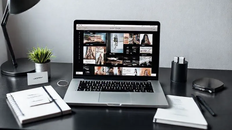 Photorealistic image of a meticulously organized digital portfolio on a sleek laptop screen, surrounded by matching brand elements like a business card, a notebook with consistent typography, and a color palette swatch. The overall impression is one of cohesion and professional elegance. Cinematic lighting, sharp focus on the screen, depth of field blurring the desk, 8K hyper-detailed, professional photography, shot on a high-end DSLR.