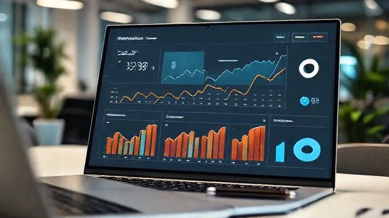 Photorealistic image of a professional dashboard displaying various growth metrics: website traffic, lead quality, project value, and social media engagement, all trending upwards. The dashboard is clean, modern, and easy to read, with a laptop and a pen nearby. Cinematic lighting, sharp focus on the dashboard, depth of field blurring the background office, 8K hyper-detailed, professional photography, shot on a high-end DSLR.