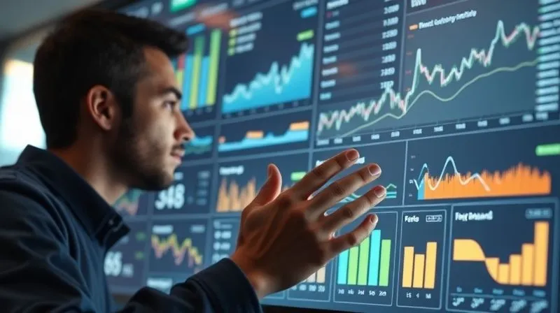 A photorealistic image of a person's hands meticulously analyzing a large digital dashboard filled with various charts and graphs representing market data, competitor pricing, and demand curves. The screen emits a soft glow, illuminating the focused expression on their face. Cinematic lighting, sharp focus on the hands and screen, depth of field, 8K hyper-detailed, professional photography, shot on a high-end DSLR.