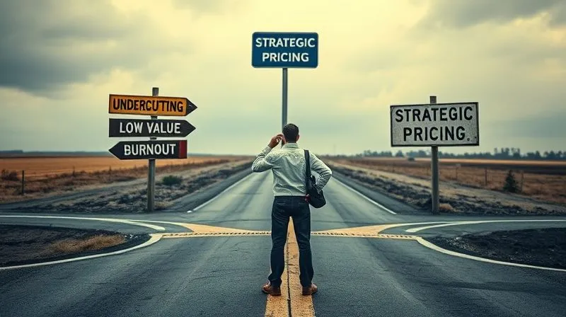 A photorealistic image of a person standing at a crossroads, looking confused, with signs pointing to 'Undercutting', 'Low Value', 'Burnout', and one sign pointing upwards to 'Strategic Pricing' with a clear path ahead. The overall mood is one of dilemma and eventual clarity. Cinematic lighting, sharp focus on the person and signs, depth of field, 8K hyper-detailed, professional photography, shot on a high-end DSLR.