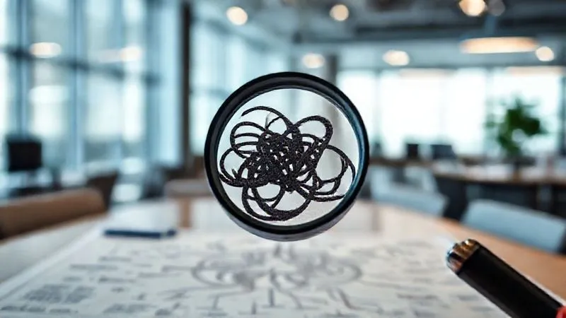 Photorealistic, professional photography, 8K, cinematic lighting, sharp focus, depth of field, shot on a high-end DSLR. A detective's magnifying glass hovering over a complex flowchart or a tangled knot, symbolizing problem-solving and root cause analysis in a business context. The background is a blurred modern office setting, conveying focus and intellectual work.