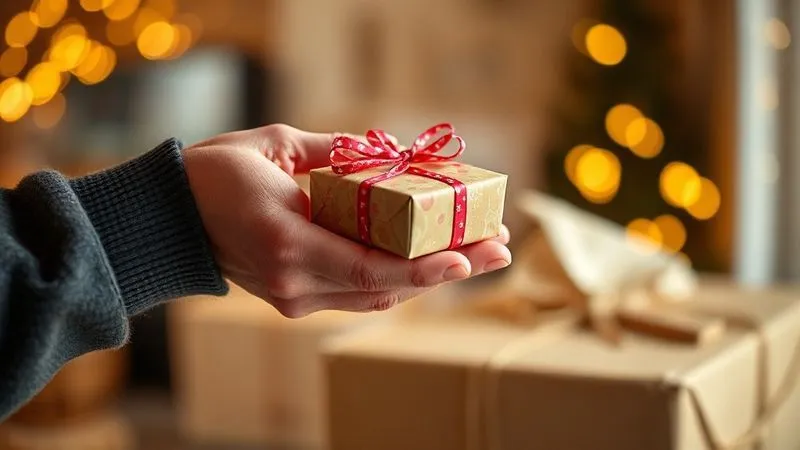 Photorealistic, professional photography, 8K, cinematic lighting, sharp focus, depth of field, shot on a high-end DSLR. A person's hand extending a beautifully wrapped small gift or a personalized card to another person, symbolizing 'going the extra mile' in customer service. The background is a warm, inviting e-commerce package delivery scene, with soft, golden light.
