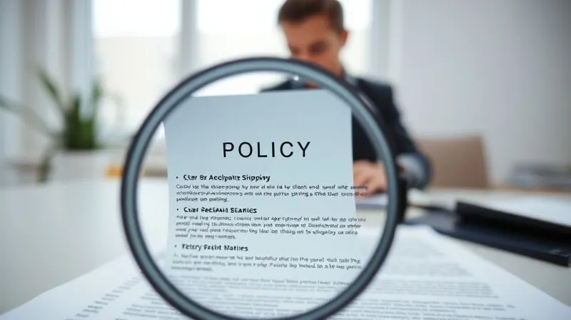 A photorealistic image of a minimalist website interface displaying clear, concise policies for shipping, returns, and FAQs. A magnifying glass hovers over a policy document, emphasizing transparency. The background shows a freelancer working calmly on a laptop. Cinematic lighting, sharp focus on the policy text, depth of field, 8K hyper-detailed, shot on a high-end DSLR.