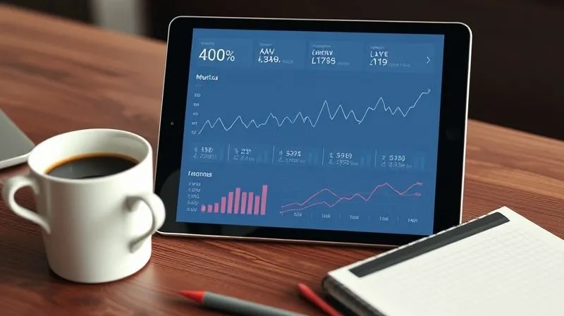 A photorealistic image of a minimalist financial dashboard on a tablet, displaying key e-commerce metrics like AOV, conversion rate, and LTV with upward trend lines. A cup of coffee and a notebook are beside it, suggesting a freelancer analyzing data. Cinematic lighting, sharp focus on the tablet, 8K hyper-detailed.