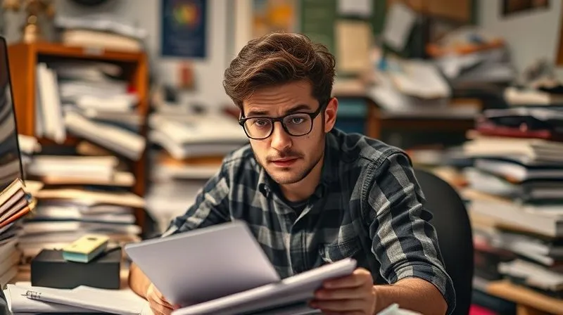 A photorealistic image of a freelancer sitting at a desk, looking overwhelmed and surrounded by piles of unfinished work, with a dull, uninspired expression. The background is a messy home office, suggesting lack of organization and direction. Cinematic lighting, sharp focus on the freelancer's face, depth of field blurring the background, 8K hyper-detailed, shot on a high-end DSLR.
