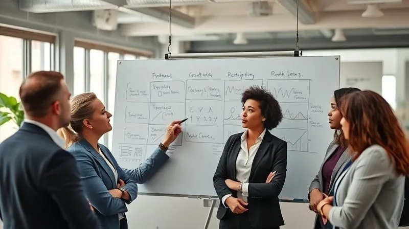 A photorealistic image of a diverse group of professionals, including a freelancer, in a modern, brightly lit office space, engaged in a collaborative brainstorming session. One person, clearly a mentor, is pointing to a whiteboard filled with strategic plans and growth metrics, while others listen intently. Cinematic lighting, sharp focus on the whiteboard and faces, depth of field blurring the background, 8K hyper-detailed, shot on a high-end DSLR.
