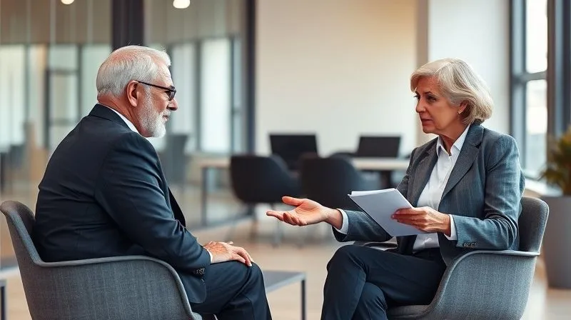 A photorealistic image of two diverse professionals, one older and one younger, sitting across from each other in a modern, minimalist office. The older individual (mentor) is offering a gentle, encouraging gesture while the younger (mentee) looks determined and focused, taking notes. A subtle glow around the mentor's hand suggests guidance. Cinematic lighting, sharp focus on their interaction, depth of field blurring the background, 8K hyper-detailed, shot on a high-end DSLR.