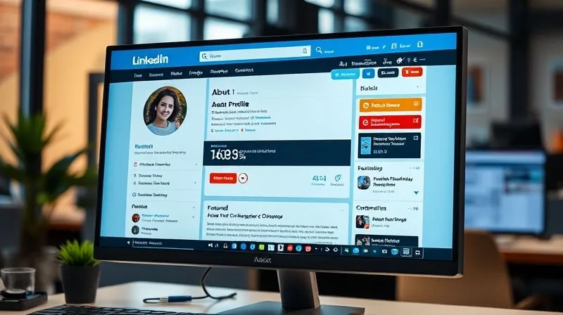 A photorealistic, vibrant LinkedIn profile page on a desktop monitor, showcasing a highly optimized freelancer profile with a professional headshot, a compelling headline, a detailed 'About' section highlighting achievements with numbers, and a 'Featured' section displaying portfolio items. The screen is brightly lit, with sharp text and clear imagery, conveying professionalism and success. Professional photography, 8K, cinematic lighting, sharp focus on the profile details, depth of field blurring the office background, shot on a high-end DSLR.
