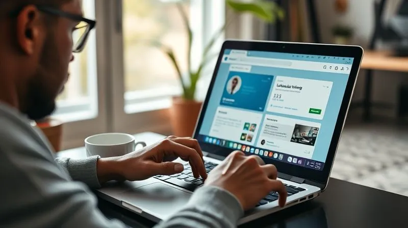 A photorealistic image of a freelancer actively using a laptop, with a split screen showing a LinkedIn Premium interface on one side and a LinkedIn Learning course on the other. The freelancer is focused and engaged, with a cup of coffee nearby. The setting is a modern home office with natural light. Professional photography, 8K, cinematic lighting, sharp focus on the laptop screens and the freelancer's hands, depth of field blurring the background, shot on a high-end DSLR.