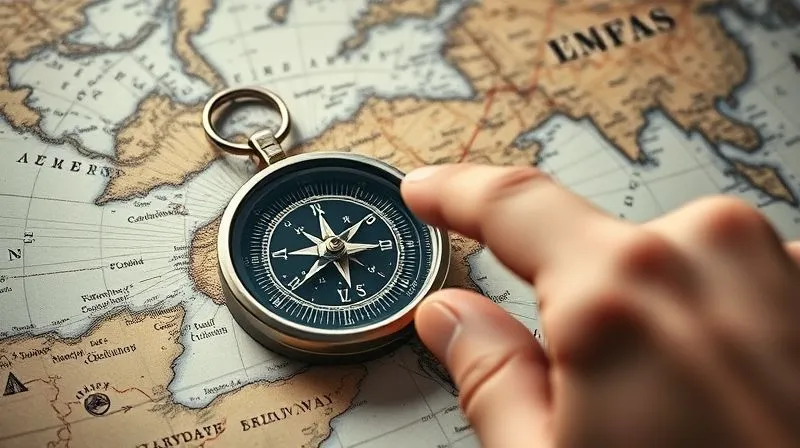 A photorealistic image of a compass on a vintage map, with a hand pointing towards a clear, bright destination. The map is intricate and detailed, showing various paths. Cinematic lighting, sharp focus on the compass and hand, depth of field blurring the map edges. 8K hyper-detailed, professional photography, shot on a high-end DSLR.