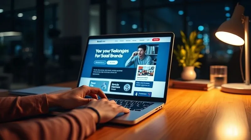 A photorealistic image of a freelancer's desk at night, with a laptop displaying a vibrant personal brand website and social media profiles. The screen glows, illuminating a hand typing. Cinematic lighting, sharp focus on the laptop and hand, depth of field blurring the background of a modern office. 8K hyper-detailed, professional photography, shot on a high-end DSLR.