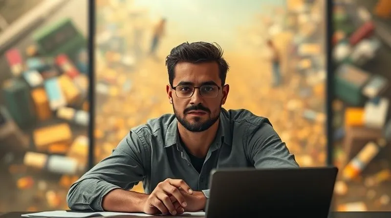 A photorealistic image of a freelancer sitting at a desk, looking determined and focused, with a blurred background of a chaotic, challenging path transforming into a clear, illuminated road. The freelancer is overcoming an obstacle metaphorically. Cinematic lighting, sharp focus on the freelancer's face and hands, depth of field. 8K hyper-detailed, professional photography, shot on a high-end DSLR.