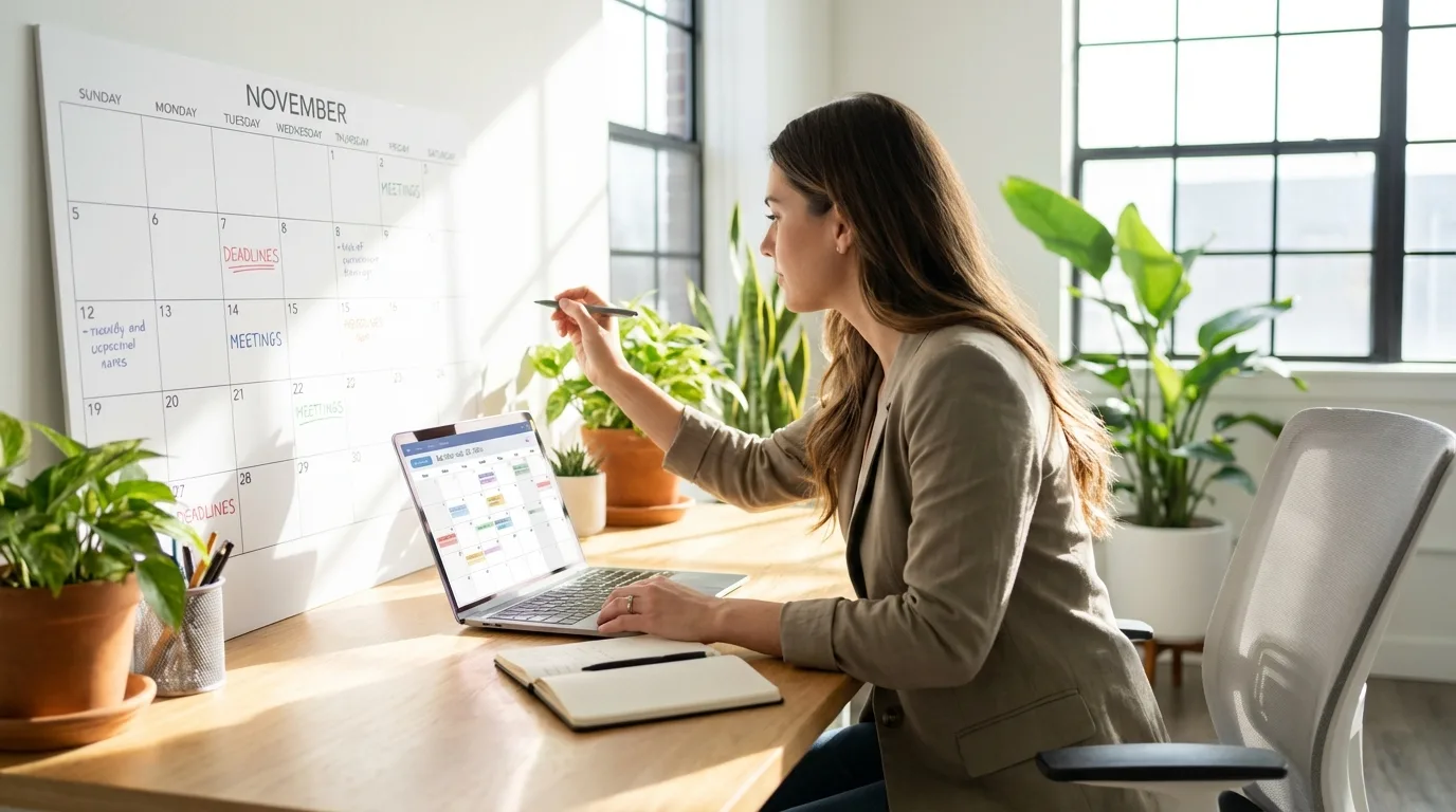 Freelancer planejando sua semana com um calendário e um laptop, organizando suas tarefas e prioridades.