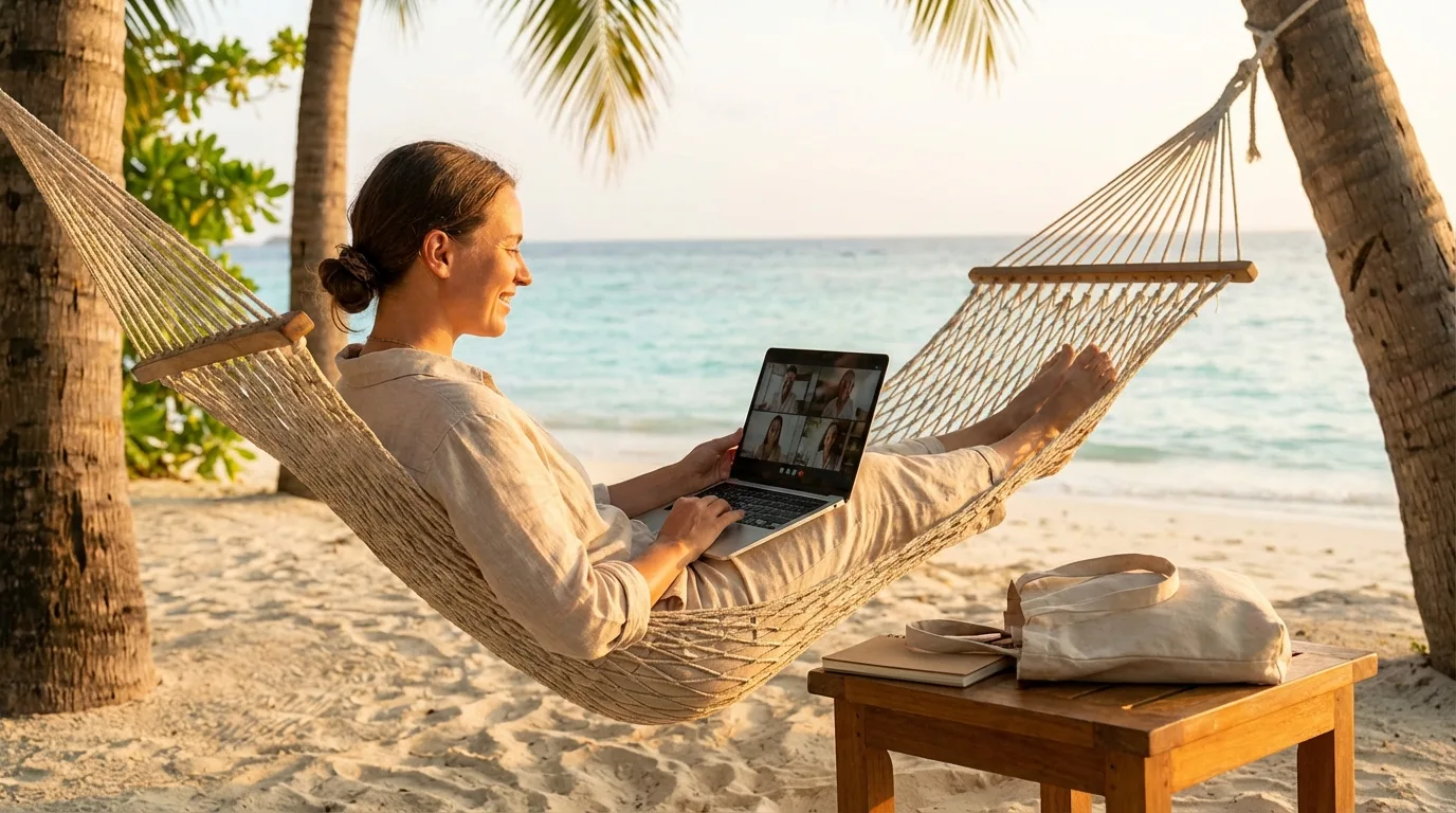 Freelancer relaxando em uma rede com o laptop, curtindo a liberdade de trabalhar remotamente em um ambiente tranquilo.