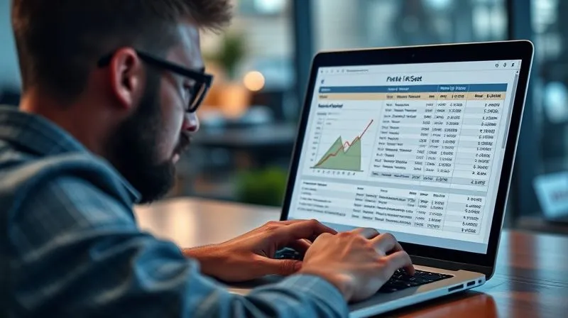 A photorealistic image of a freelance SEO specialist looking at a detailed budget spreadsheet on a laptop, with a graph showing potential growth curves. Cinematic lighting, sharp focus on the laptop screen and the thoughtful expression, depth of field blurring a modern office background. Shot on a high-end DSLR, 8K hyper-detailed.