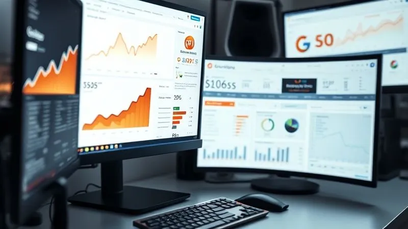 A photorealistic image of a professional desk setup with multiple monitor screens displaying various SEO tool interfaces (e.g., Google Analytics dashboard, SEMrush keyword research, Ahrefs backlink analysis). The scene is bathed in cinematic lighting, sharp focus on the screens and a keyboard, depth of field blurring the background. Shot on a high-end DSLR, 8K hyper-detailed.