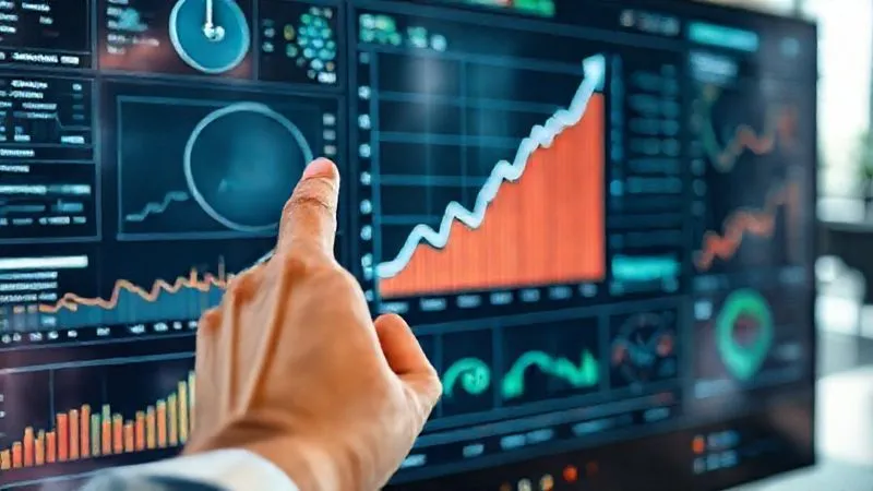 A photorealistic image of a digital dashboard displaying multiple graphs and charts, with one prominent graph showing a sharp upward trend, labeled 'CTR Growth'. A hand points to the rising line. Cinematic lighting, sharp focus on the data, depth of field blurring the background of a modern office. Professional photography, 8K, shot on a high-end DSLR.