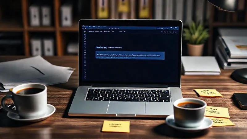 A photorealistic image of a freelancer's desk setup, featuring a laptop displaying a content management system (CMS) interface (like WordPress with a SEO plugin) where a meta description field is being meticulously edited. Surrounding the laptop are sticky notes with keywords and a cup of coffee. Cinematic lighting, sharp focus on the screen, depth of field blurring the organized background. Professional photography, 8K, shot on a high-end DSLR.