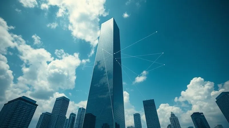 A photorealistic image of a towering skyscraper reaching into the clouds, with digital lines connecting it to many smaller buildings, symbolizing a superior piece of content attracting numerous backlinks. Cinematic lighting, sharp focus on the skyscraper, depth of field blurring the background, 8K hyper-detailed, professional photography, shot on a high-end DSLR.