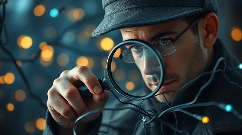 A photorealistic image of a detective with a magnifying glass examining a tangled web of broken digital connections, symbolizing the search for broken links. In the background, new, glowing, strong connections are being forged. Cinematic lighting, sharp focus on the detective's focused expression, depth of field blurring the background, 8K hyper-detailed, professional photography, shot on a high-end DSLR.