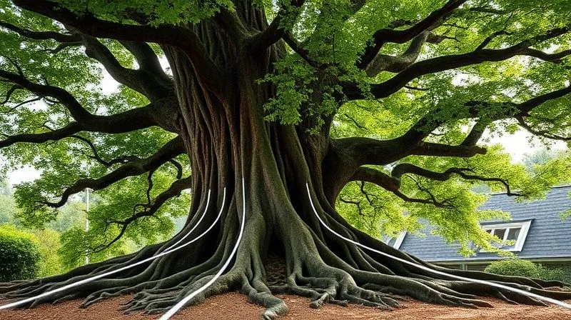 A photorealistic image of a majestic, ancient tree with deep roots and lush green leaves, symbolizing evergreen content providing consistent value. Digital lines representing backlinks are gently flowing towards the tree. Cinematic lighting, sharp focus on the tree, depth of field blurring the background, 8K hyper-detailed, professional photography, shot on a high-end DSLR.