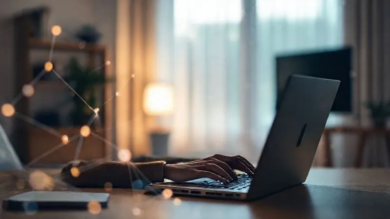 A photorealistic image of a single, focused SEO freelancer working diligently on a laptop, surrounded by a subtle, glowing network of digital connections and data streams, symbolizing efficient, automated link building. The background is a modern, minimalist home office. Cinematic lighting, sharp focus, depth of field, 8K hyper-detailed, professional photography, shot on a high-end DSLR, conveying productivity and independence.