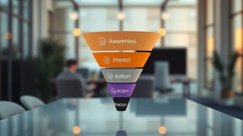 A photorealistic, professional photography image of a clear, elegant sales funnel graphic, segmented into five distinct stages (Awareness, Interest, Decision, Action, Retention), each with a distinct color and icon representing its purpose. Cinematic lighting highlights the smooth flow from top to bottom. Sharp focus on the funnel structure, with a subtle depth of field blurring a modern, minimalist office environment. 8K hyper-detailed, shot on a high-end DSLR.