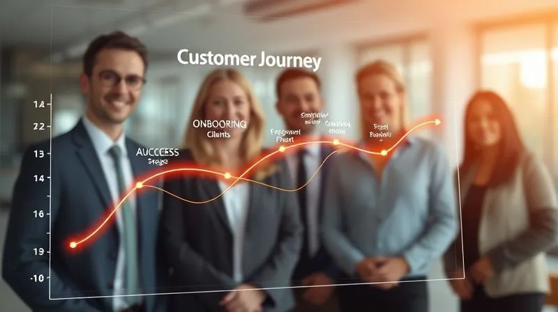 A photorealistic, professional photography image depicting a customer journey map, with glowing lines representing satisfied clients moving through stages like 'Onboarding,' 'Engagement,' 'Success,' and 'Advocacy.' The map is displayed on a sleek digital interface, with cinematic lighting and sharp focus on the journey's positive progression. Depth of field subtly blurs a diverse group of happy business professionals in the background. 8K hyper-detailed, shot on a high-end DSLR.
