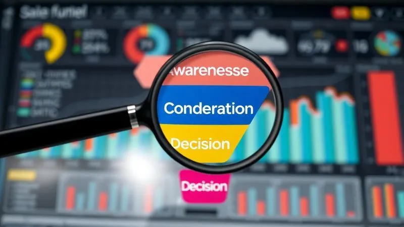 Photorealistic, professional photography, 8K, cinematic lighting, sharp focus, depth of field, shot on a high-end DSLR, a detailed, vibrant infographic of a sales funnel with three distinct stages (Awareness, Consideration, Decision), each stage clearly labeled. A magnifying glass is hovering over the 'Consideration' stage, highlighting potential friction points. The background is a clean, modern marketing dashboard. Emotional tone of analytical insight.